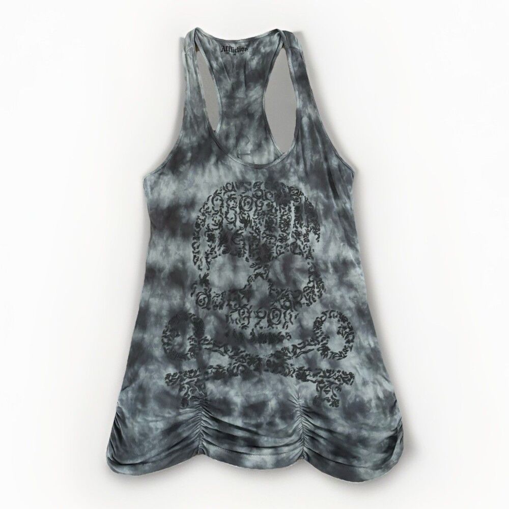 Affliction Tank Top Womens Size Medium Gray Black Skull Y2K Goth